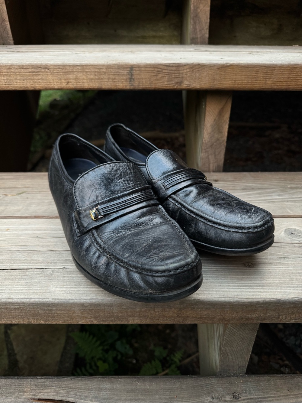Bostonian Black Leather Slip-On Loafers with Decorative Strap